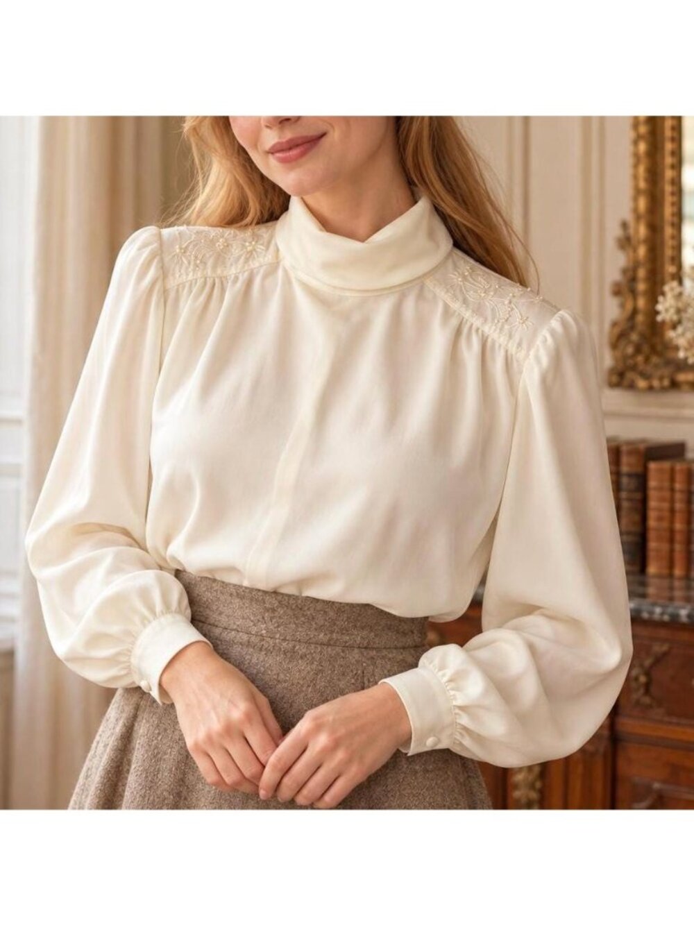 Vintage Ivory Embroidered Blouse, Pearl Beaded Shoulders, High Neck Long Sleeve